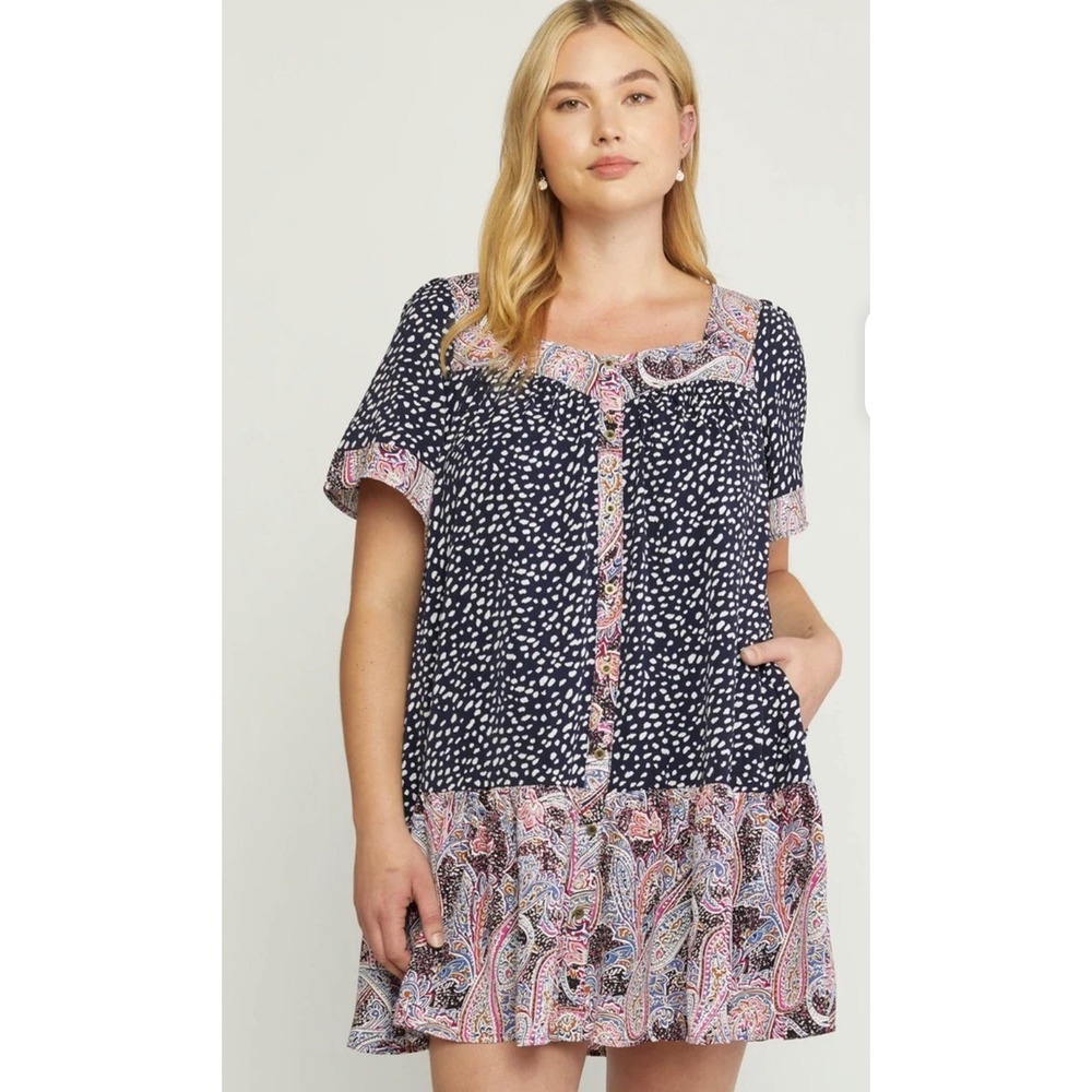 Entro Navy Blue Mixed Print Polka Dot Paisley Mini Dress Square Neck Medium
